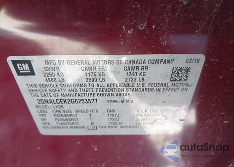 2016 Chevrolet Equinox Lt z USA, uszkodzony, nr VIN 2GNALCEK2G6253577